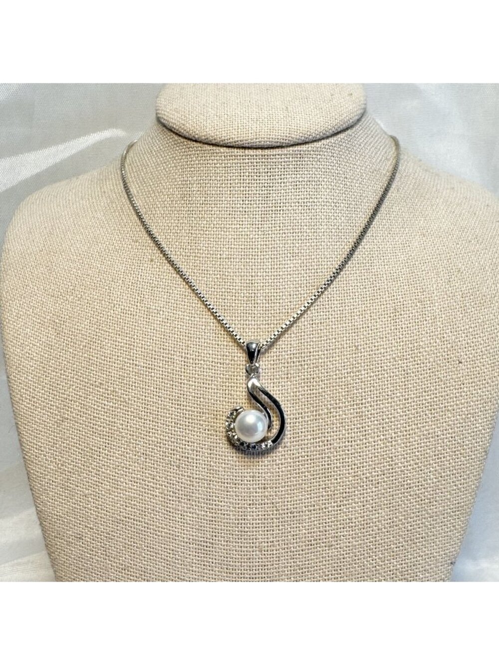 Cultured Pearl CZ Sterling Silver 925 Swirl Design Statement Pendant 20" Length